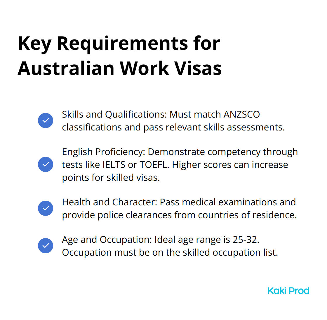 Checkmark list showing four key requirements for Australian work visas: Skills and Qualifications, English Proficiency, Health and Character, and Age and Occupation.