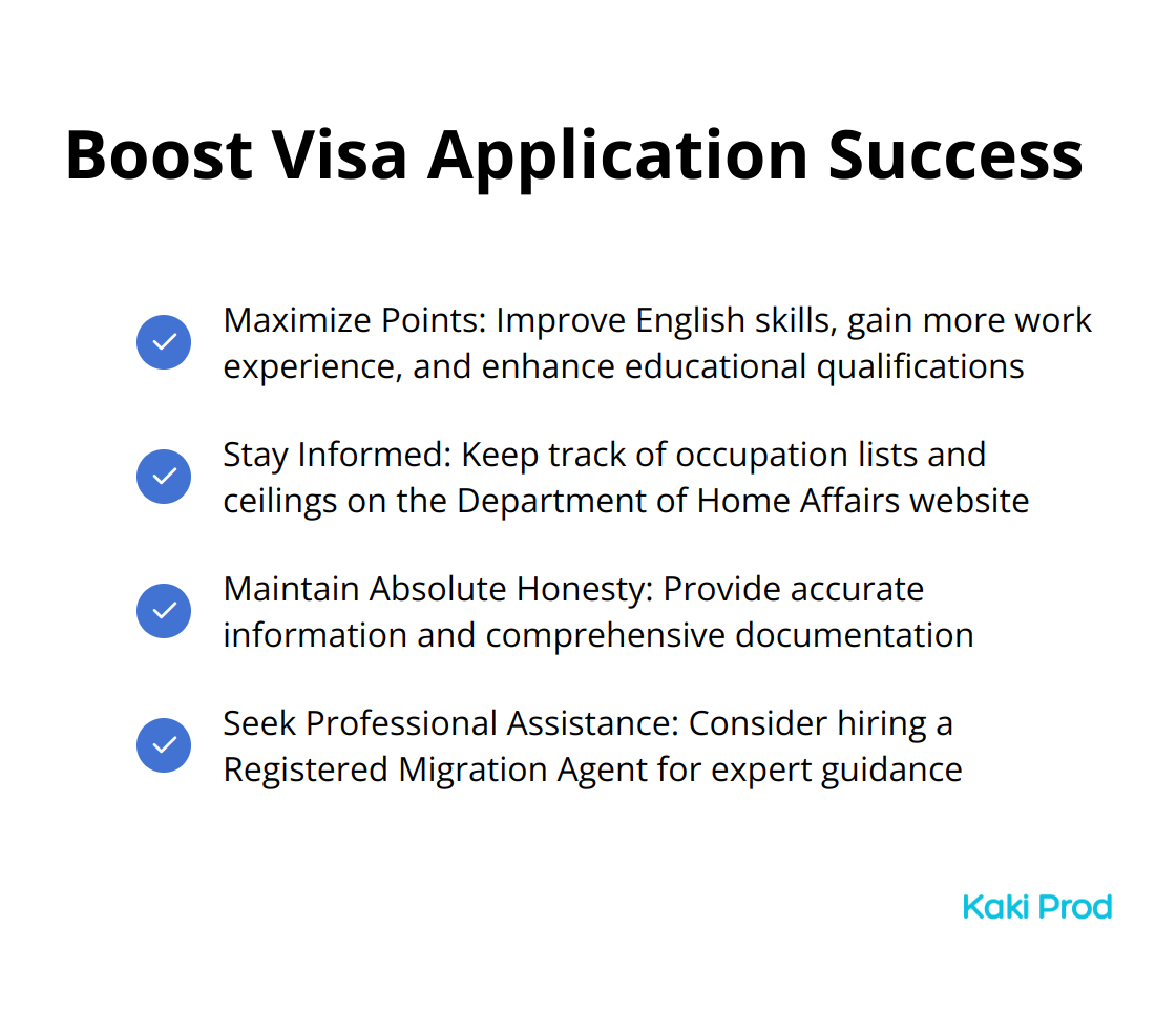 Checkmark list chart showing four key ways to boost your Australian Skilled Migration Visa application success: Maximize Points, Stay Informed, Maintain Honesty, and Seek Professional Help