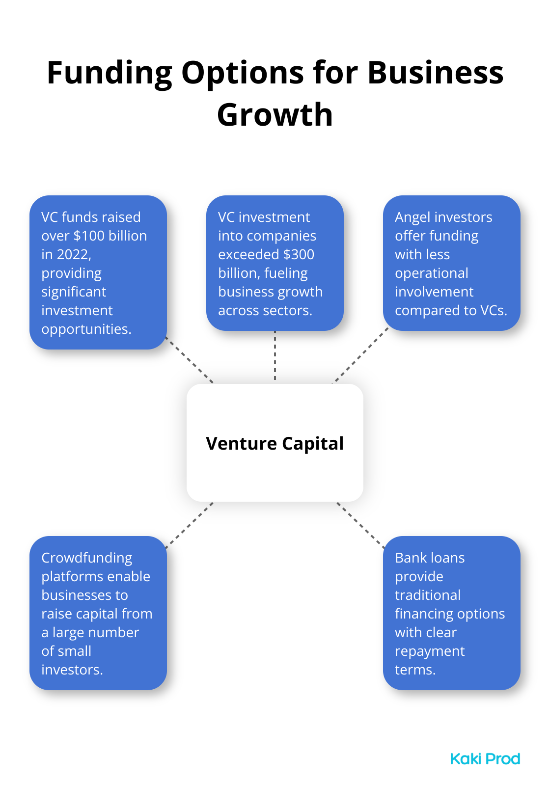 Hub and spoke chart showing various funding options with venture capital as the central focus - business scaling