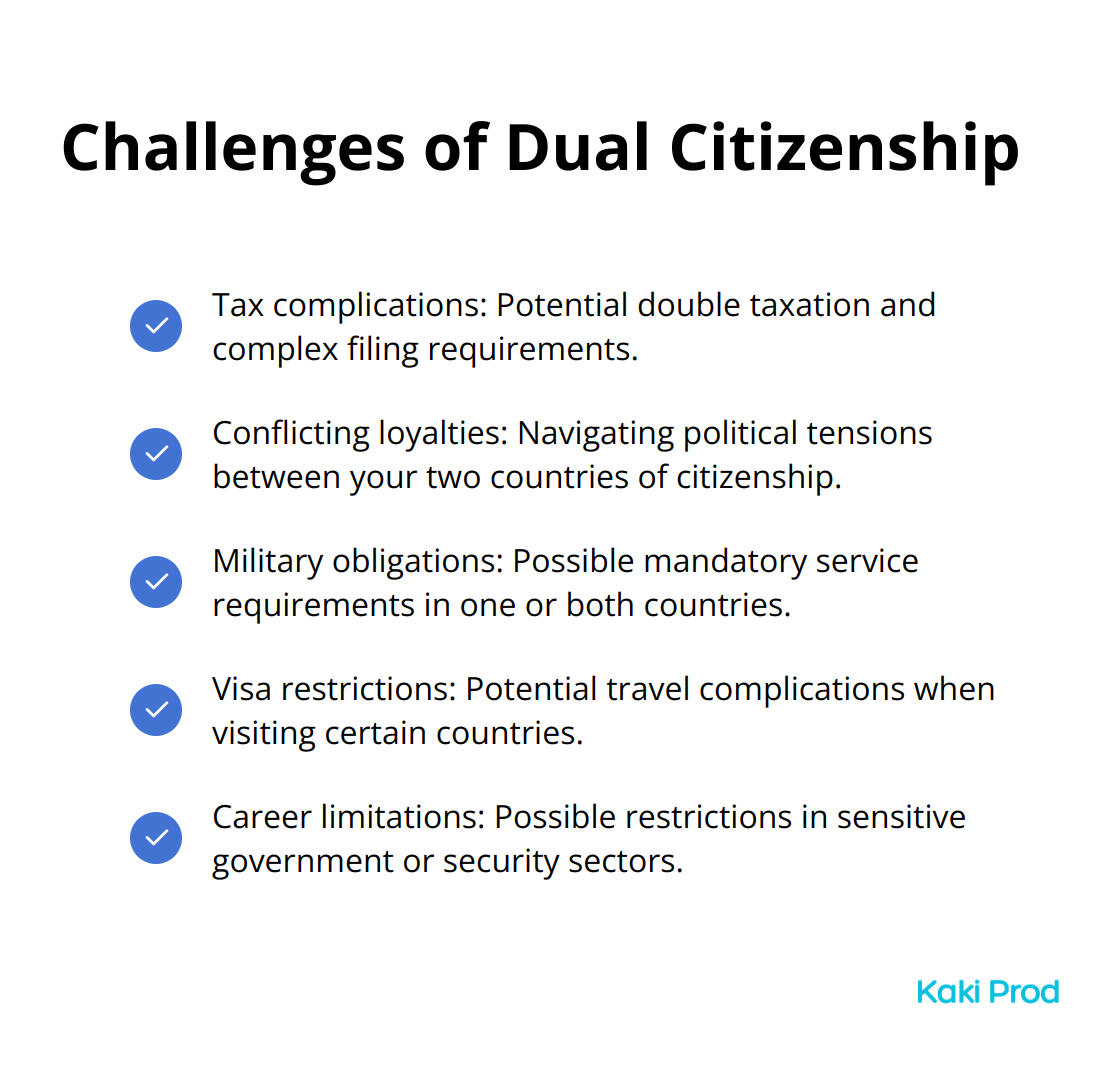 Checkmark list of challenges associated with dual citizenship, including tax complications, conflicting loyalties, military obligations, visa restrictions, and career limitations.