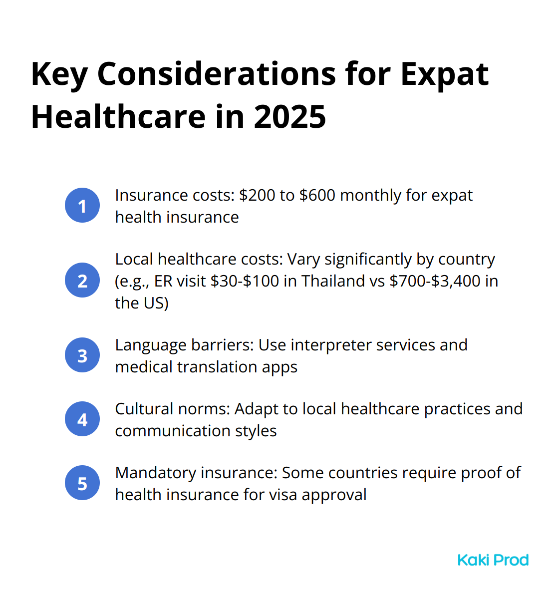List of 5 key considerations for expat healthcare: insurance costs, local healthcare costs, language barriers, cultural norms, and mandatory insurance requirements