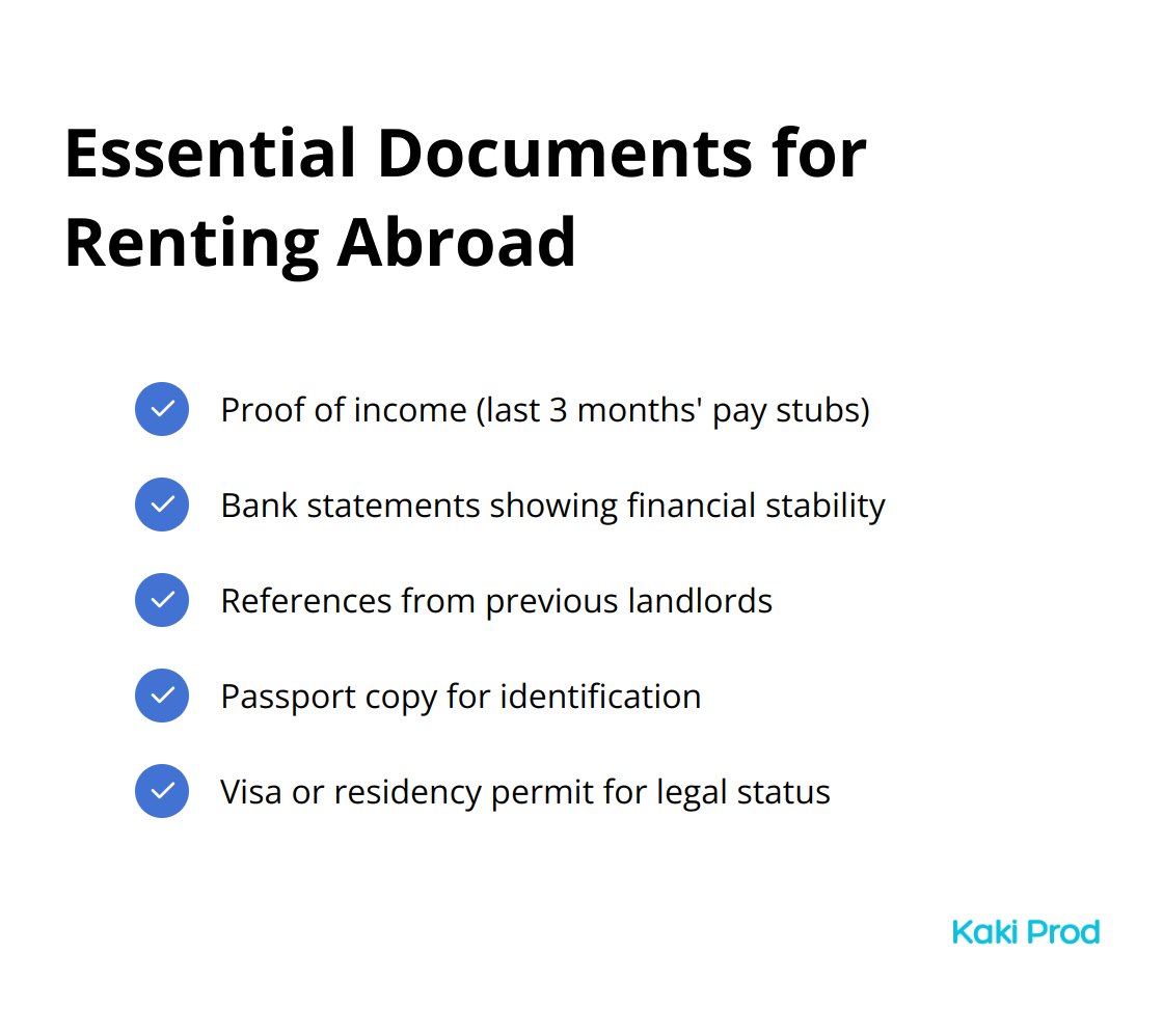 Checklist of five essential documents required for renting abroad: proof of income, bank statements, references, passport copy, and visa or residency permit. - How to Find Housing Abroad