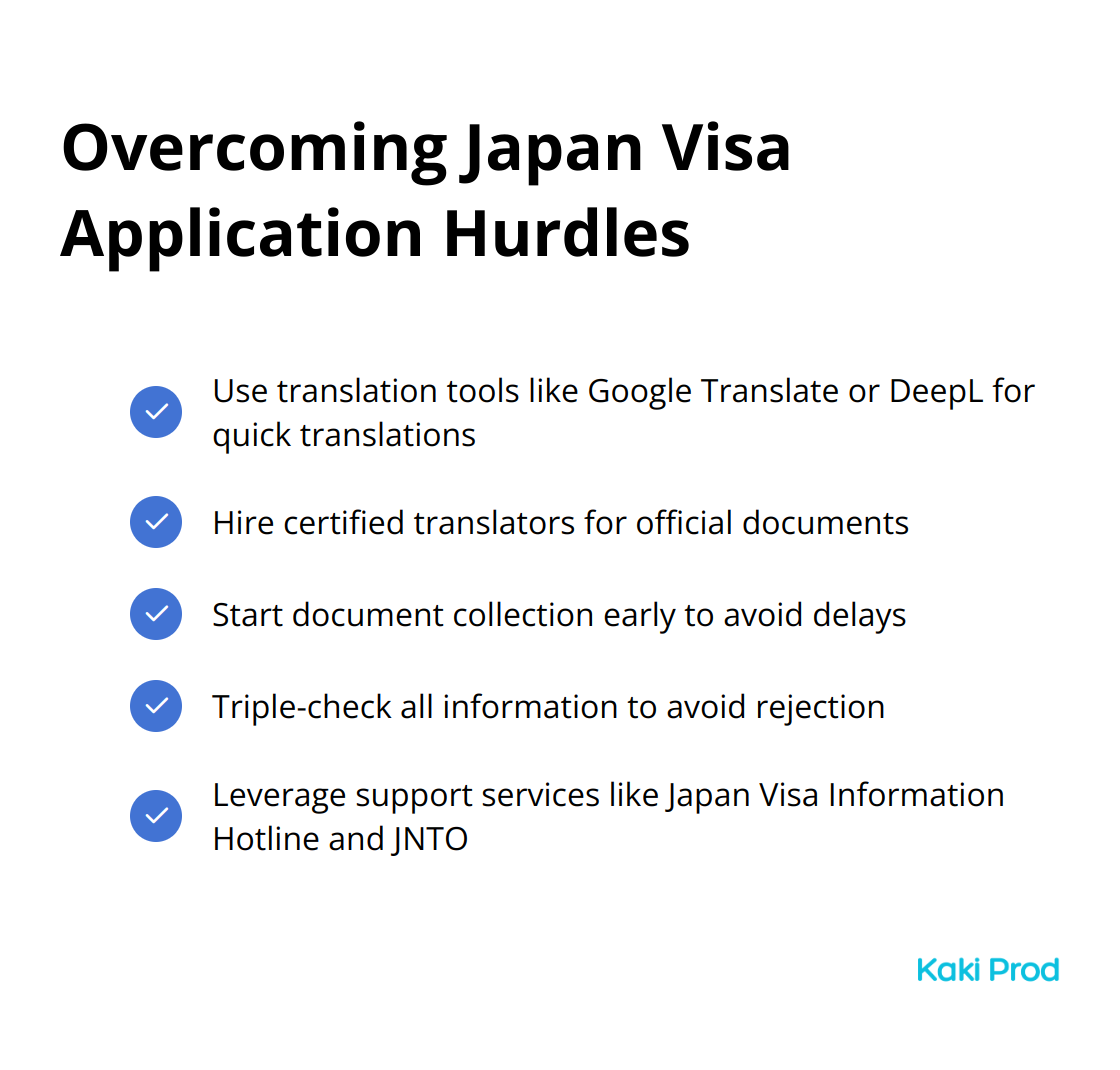 Checkmark list chart showing five key strategies for overcoming visa application hurdles: Use translation tools, Hire certified translators, Start document collection early, Triple-check all information, and Leverage support services