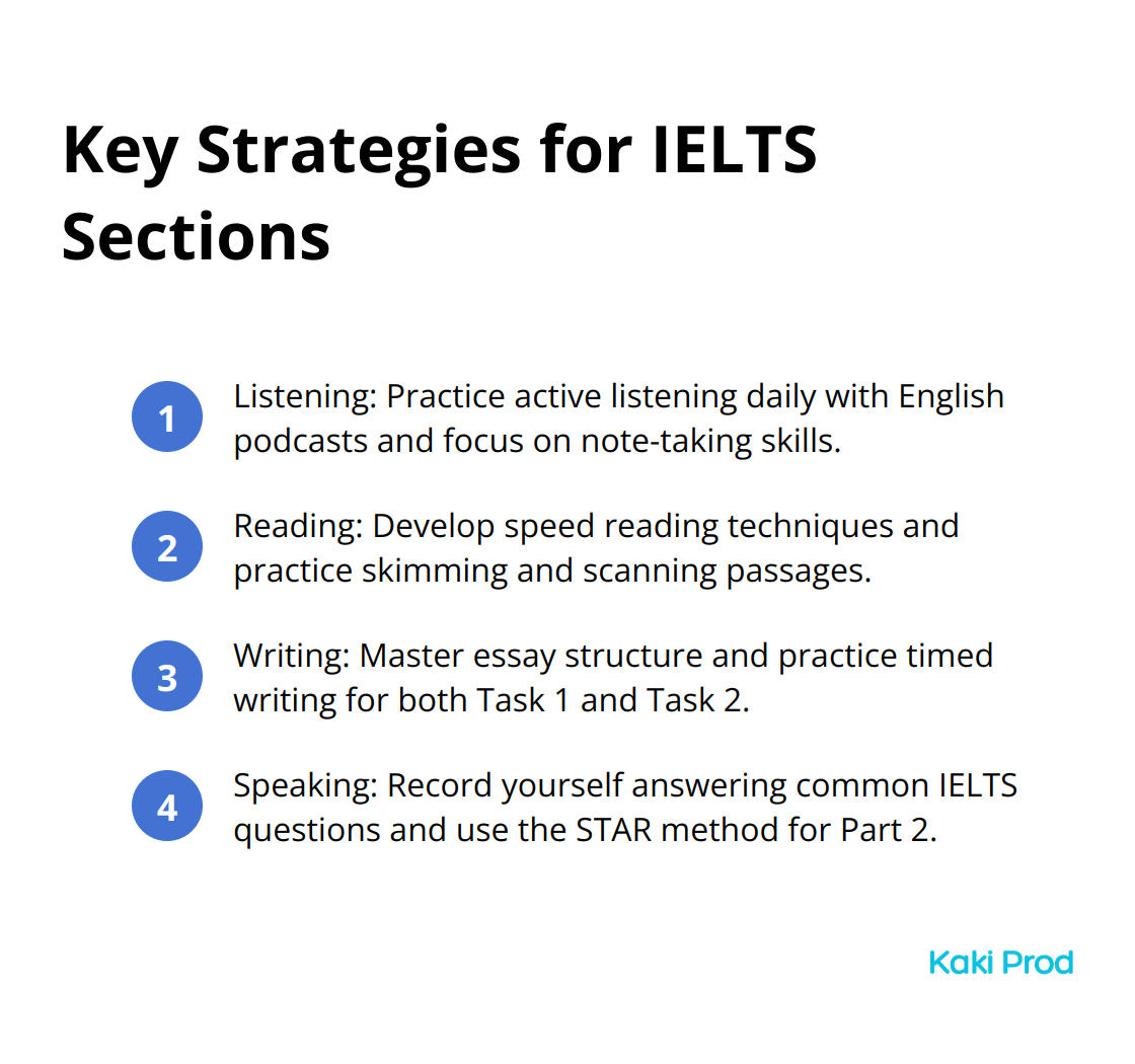 Compact ordered list chart showing key strategies for each IELTS section: Listening, Reading, Writing, and Speaking - Language test