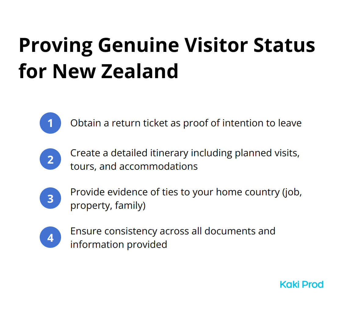 Ordered list of steps to prove genuine visitor status for New Zealand visa application