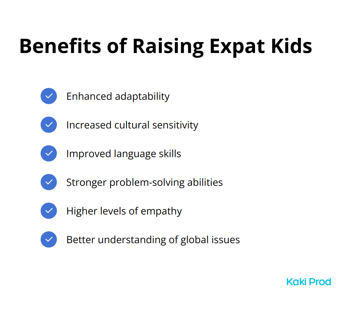 Checkmark list chart showing six key benefits of raising children as expats, including adaptability, cultural sensitivity, language skills, problem-solving abilities, empathy, and global issue awareness.