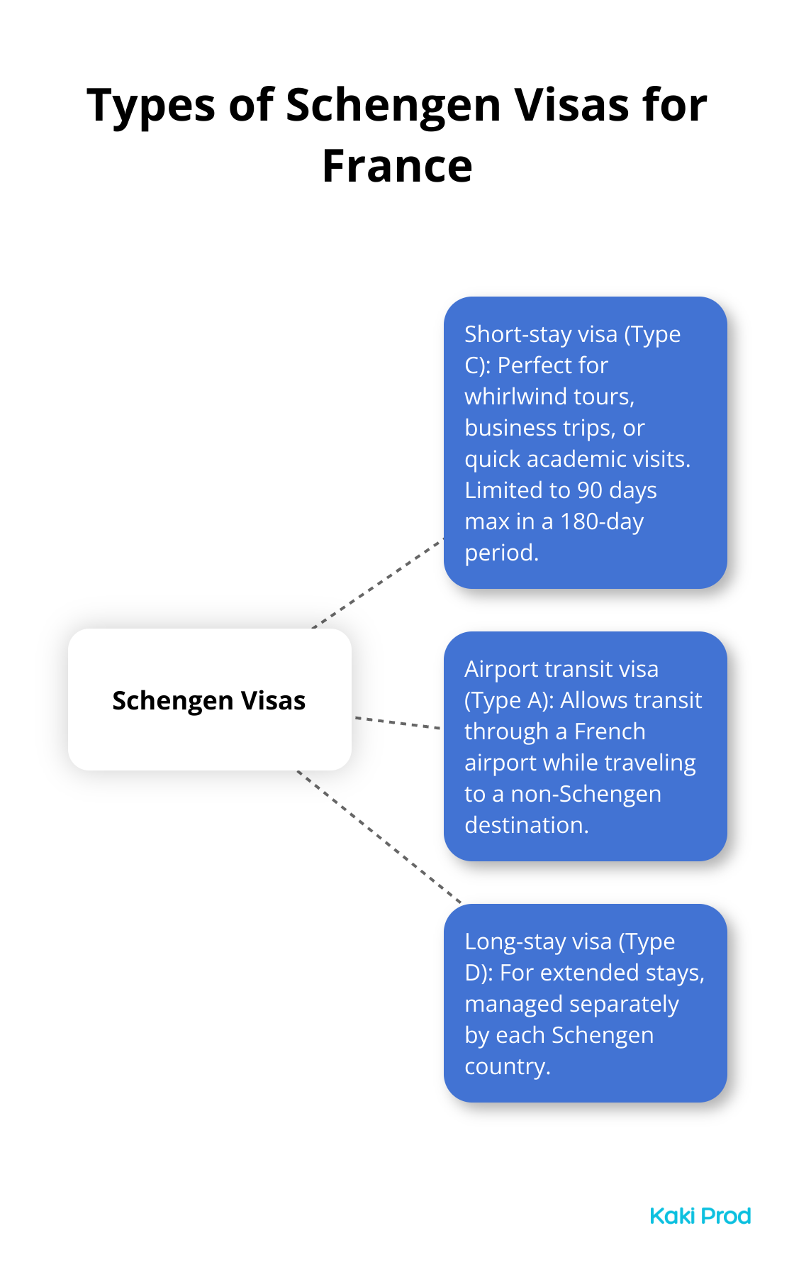 Hub and spoke chart showing three types of Schengen visas: Short-stay (Type C), Airport transit (Type A), and Long-stay (Type D)