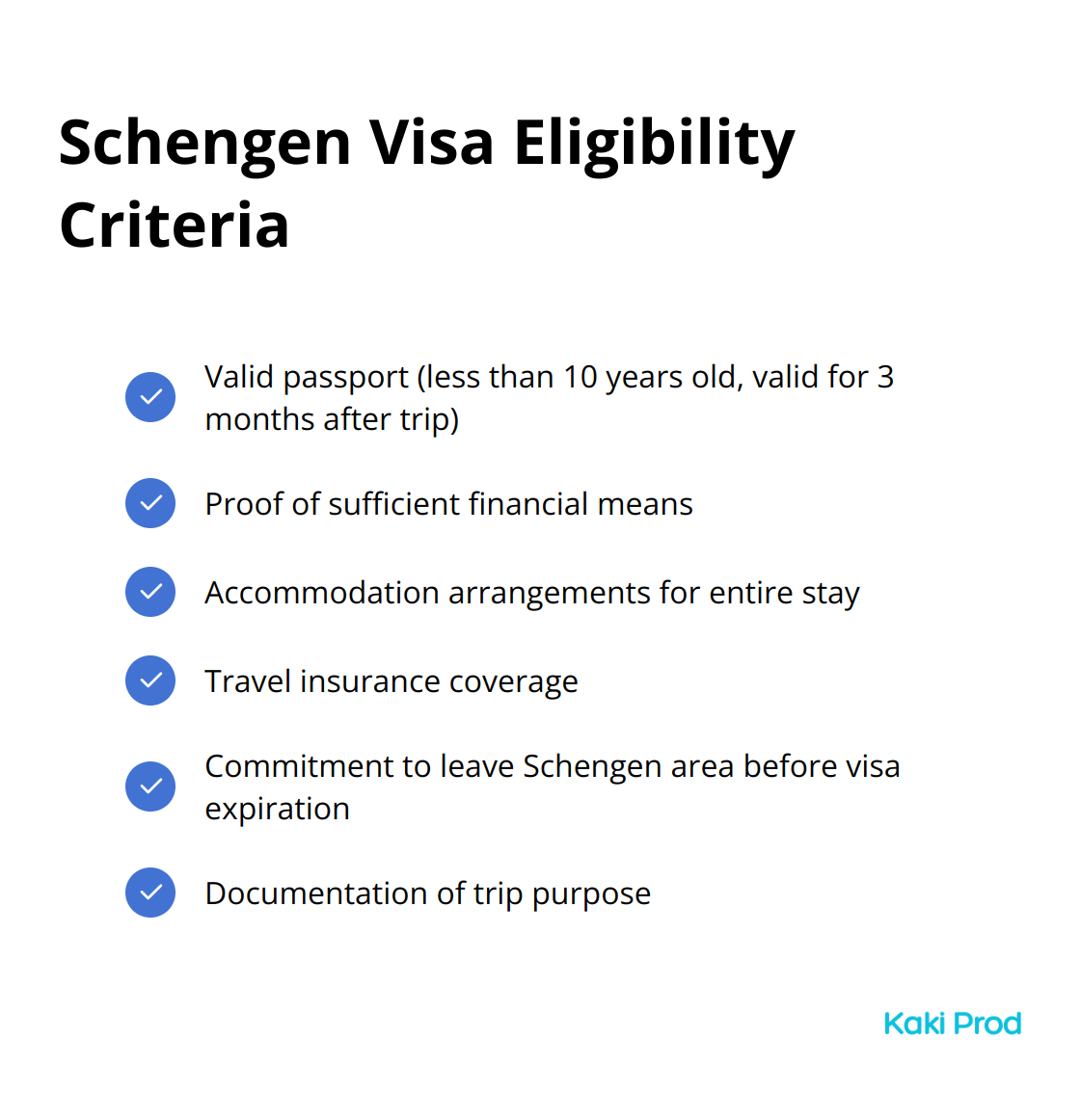 Checkmark list showing six key eligibility criteria for Schengen visa applicants - Schengen visa France