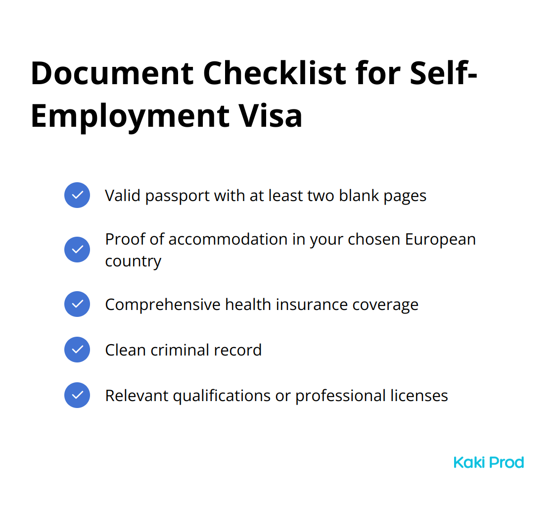 Checkmark list of required documents for a self-employment visa in Europe: valid passport, proof of accommodation, health insurance coverage, clean criminal record, and relevant qualifications.
