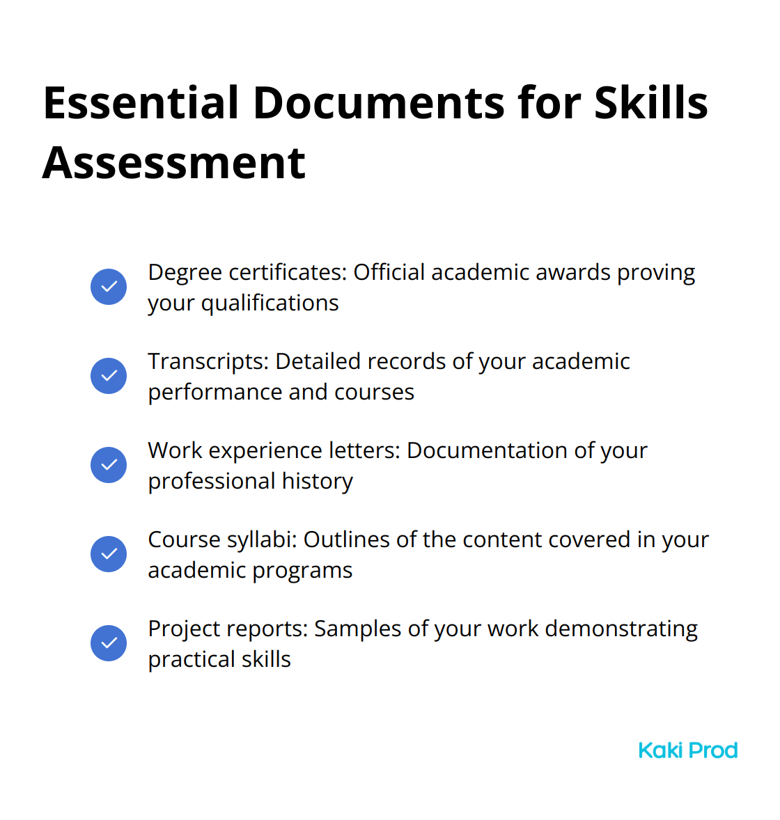 Checkmark list of essential documents for skills assessment, including degree certificates, transcripts, work experience letters, course syllabi, and project reports