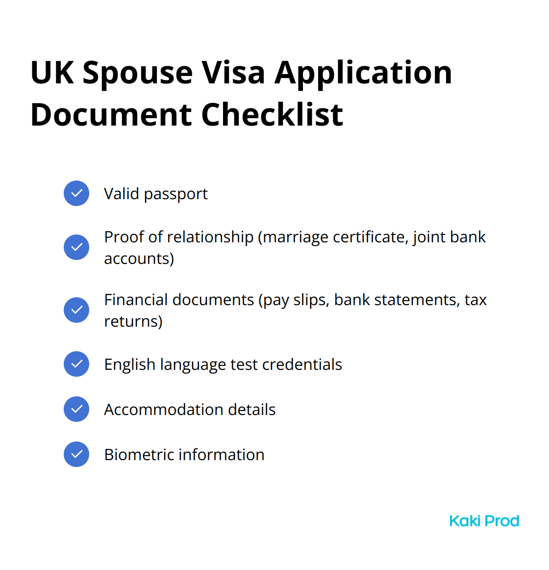 Checkmark list of essential documents required for UK spouse visa application in 2025