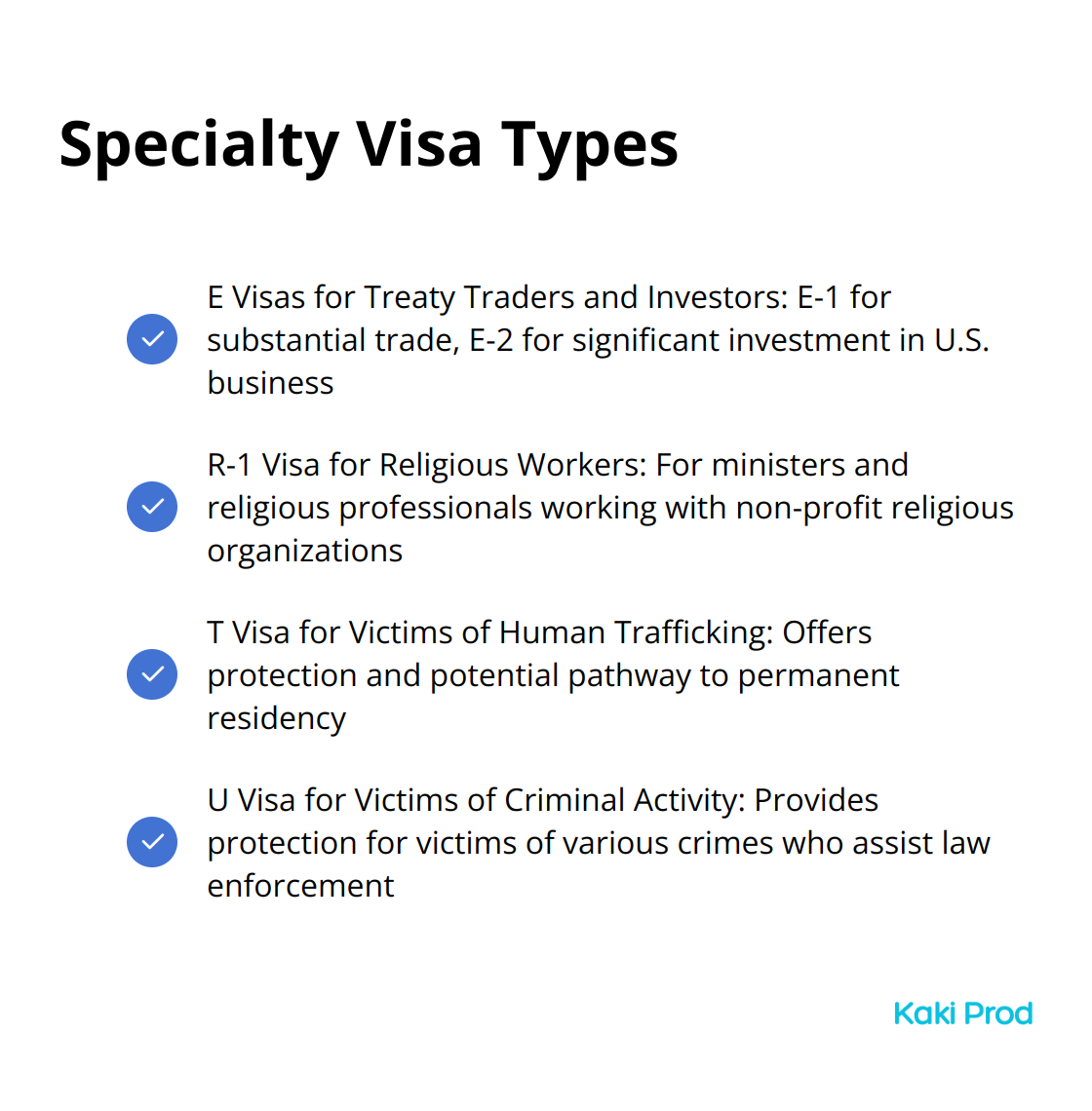 A checkmark list chart showing four specialty visa types: E Visas for Treaty Traders and Investors, R-1 Visa for Religious Workers, T Visa for Victims of Human Trafficking, and U Visa for Victims of Criminal Activity. - U.S. Visas