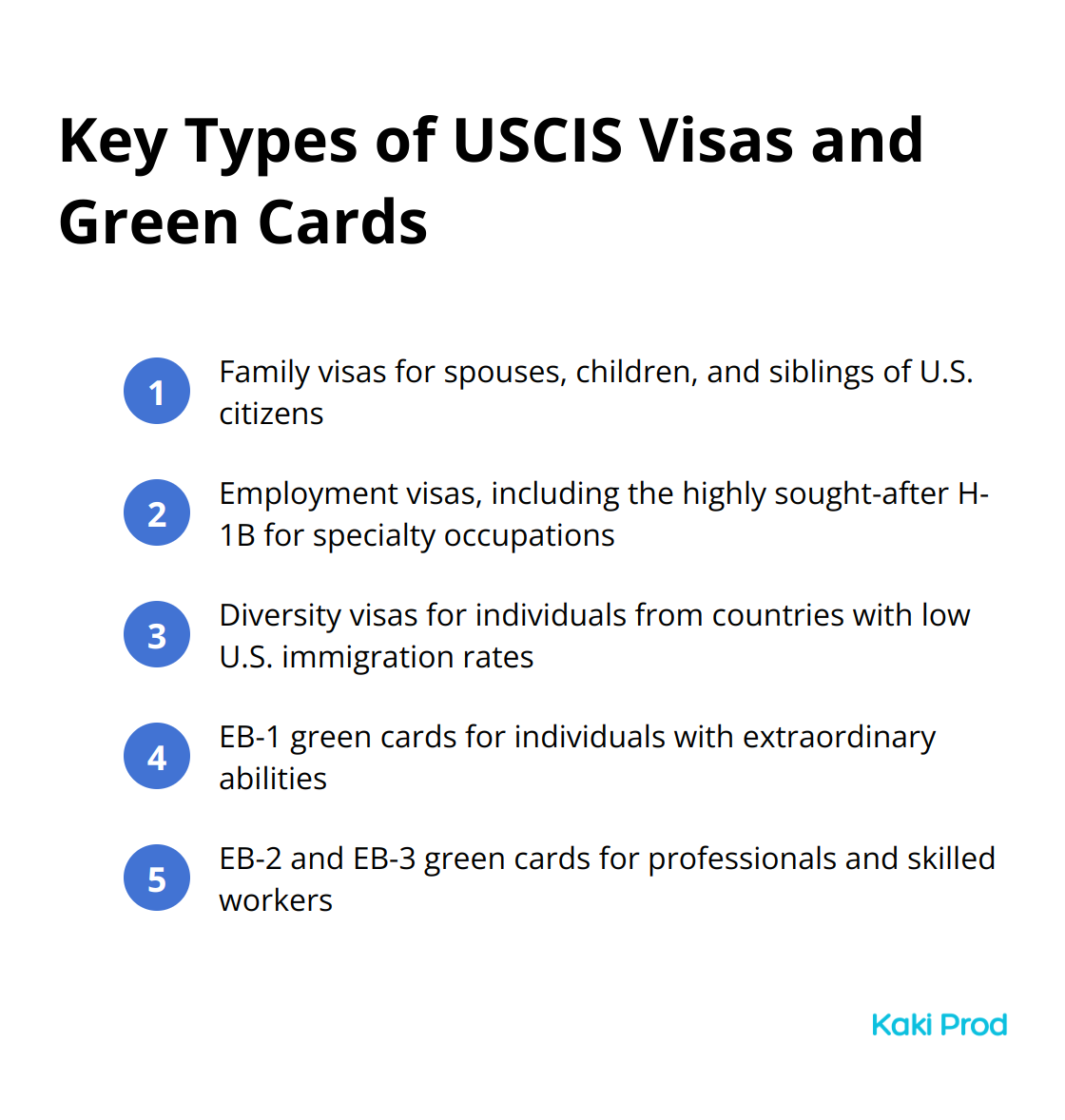 Ordered list chart showing key types of USCIS visas and green cards: family visas, employment visas, diversity visas, EB-1 for exceptional talent, EB-2 and EB-3 for professionals and skilled workers
