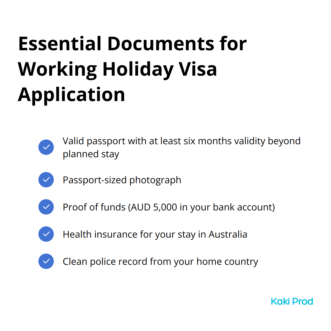 Checklist of essential documents required for the Working Holiday Visa Australia application, including passport, photo, proof of funds, health insurance, and police record.